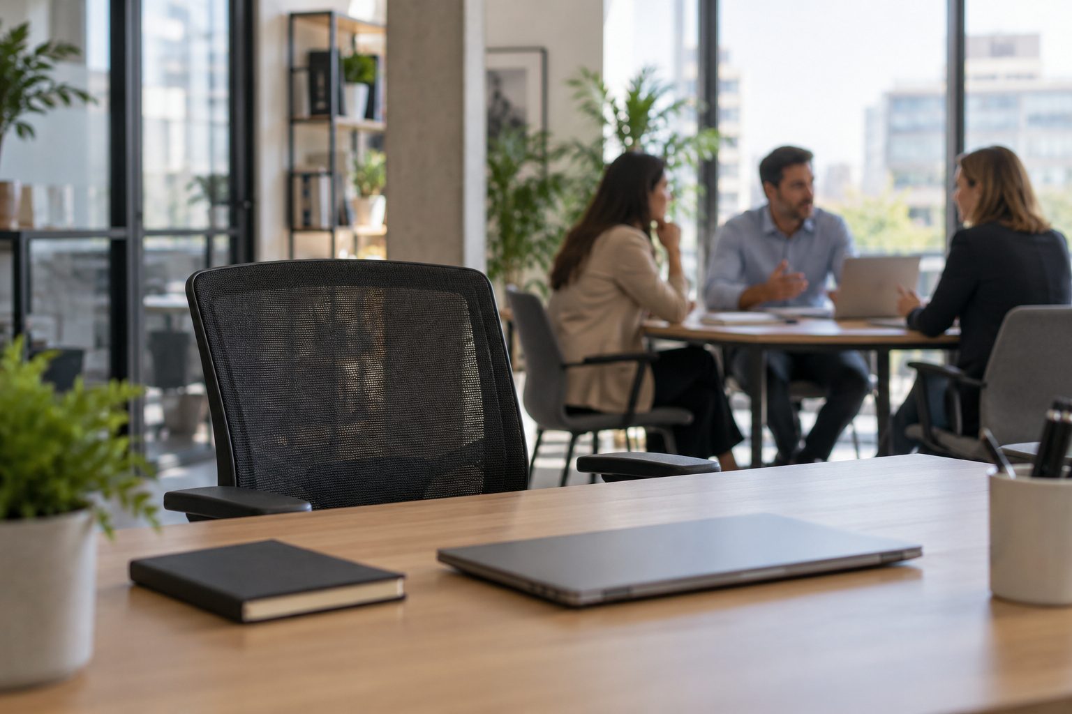 Puesto de trabajo desocupado con una silla vacía y tres profesionales reunidos al fondo de una oficina.