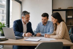 Asesor hipotecario revisando documentación con una pareja compradora