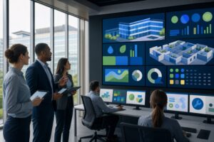 Equipo profesional supervisando la gestión digital de activos e infraestructuras