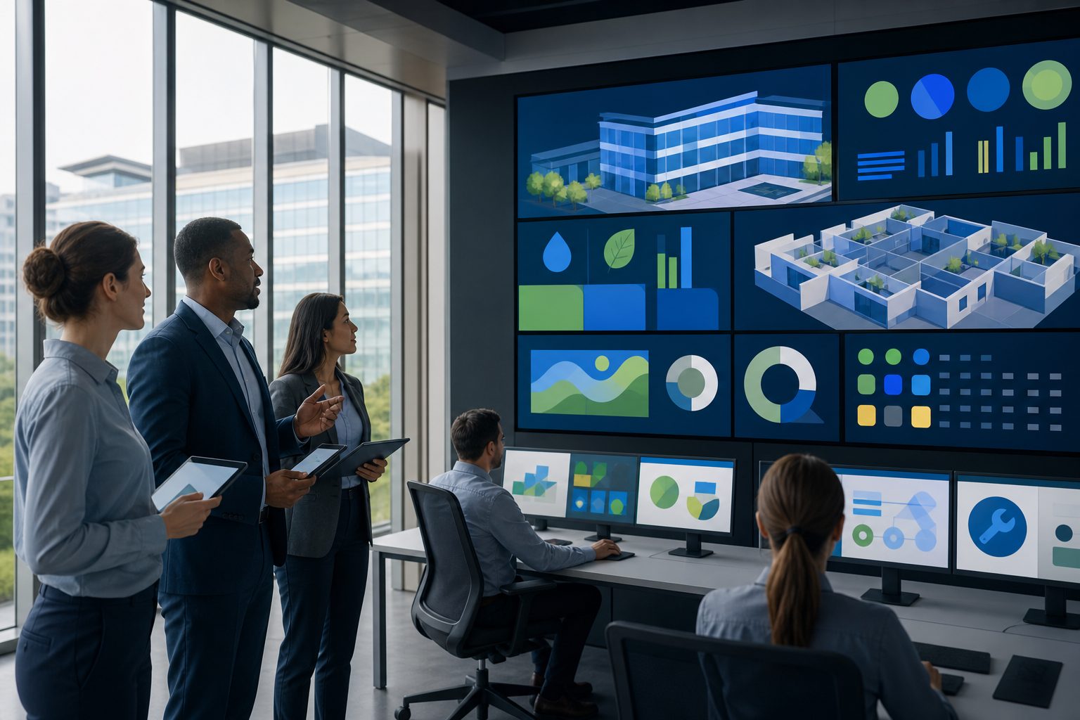 Equipo profesional supervisando la gestión digital de activos e infraestructuras
