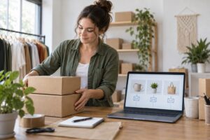 Una comerciante prepara cajas junto a un portátil con productos e iconos de email.
