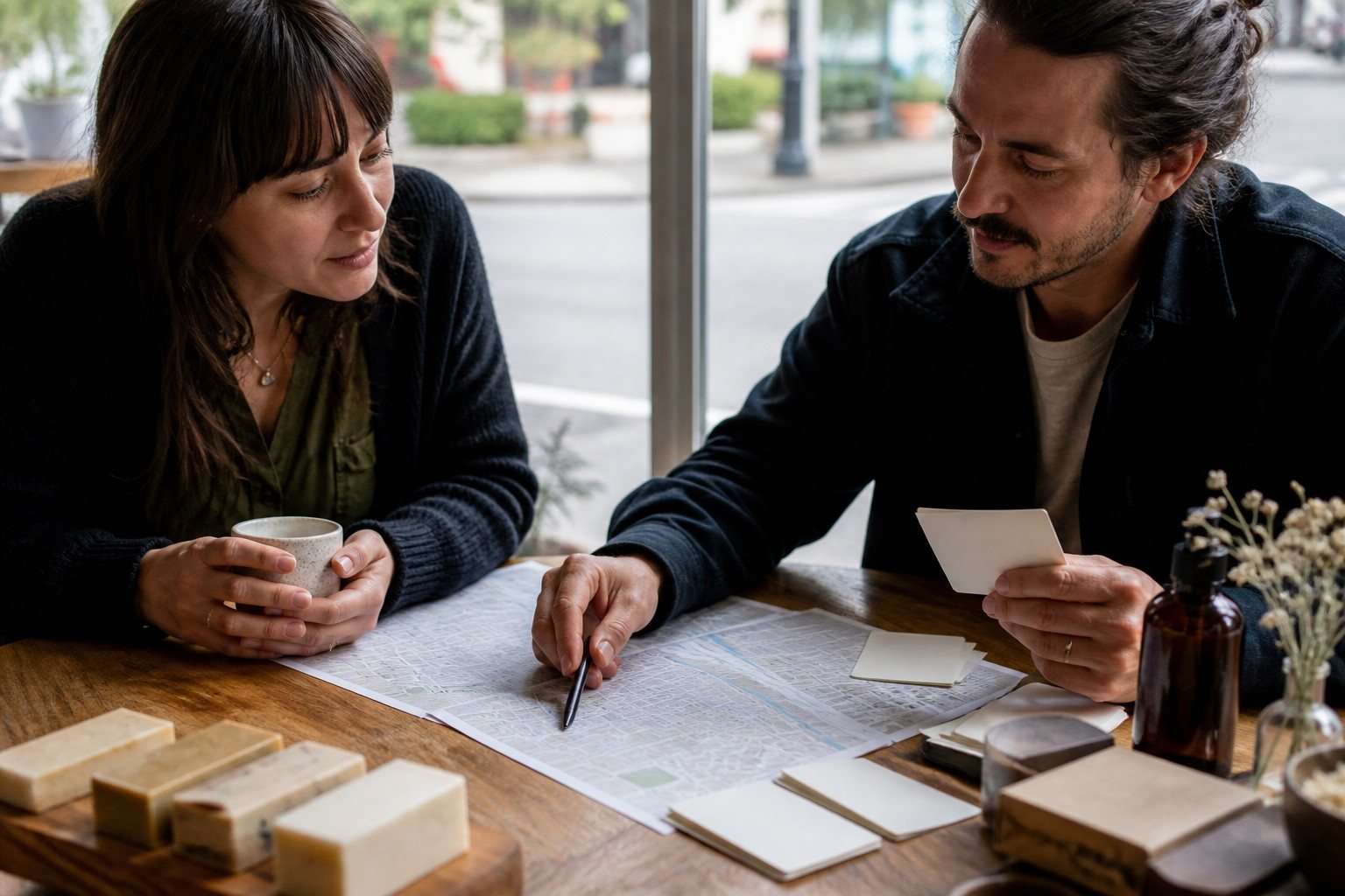 Dos comerciantes locales planificando una colaboración de barrio