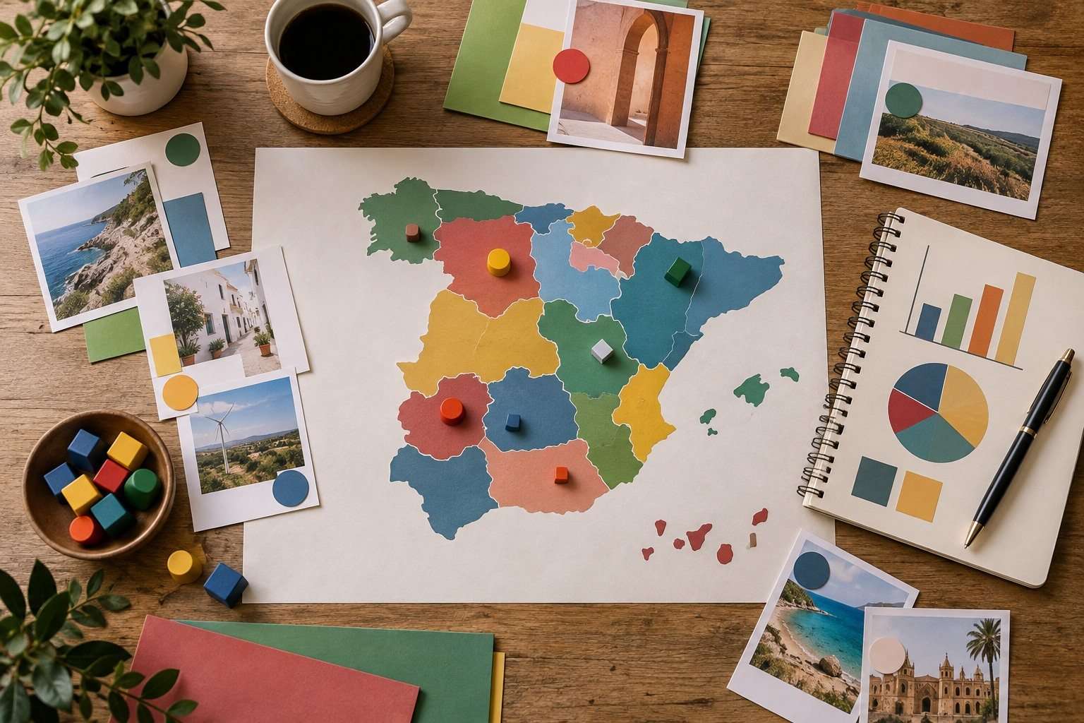 Mesa creativa con mapa abstracto y materiales de campaña territorial